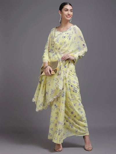 Yellow Printed Georgette Saree - Libas