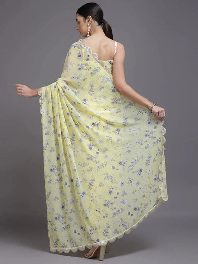 Yellow Printed Georgette Saree - Libas