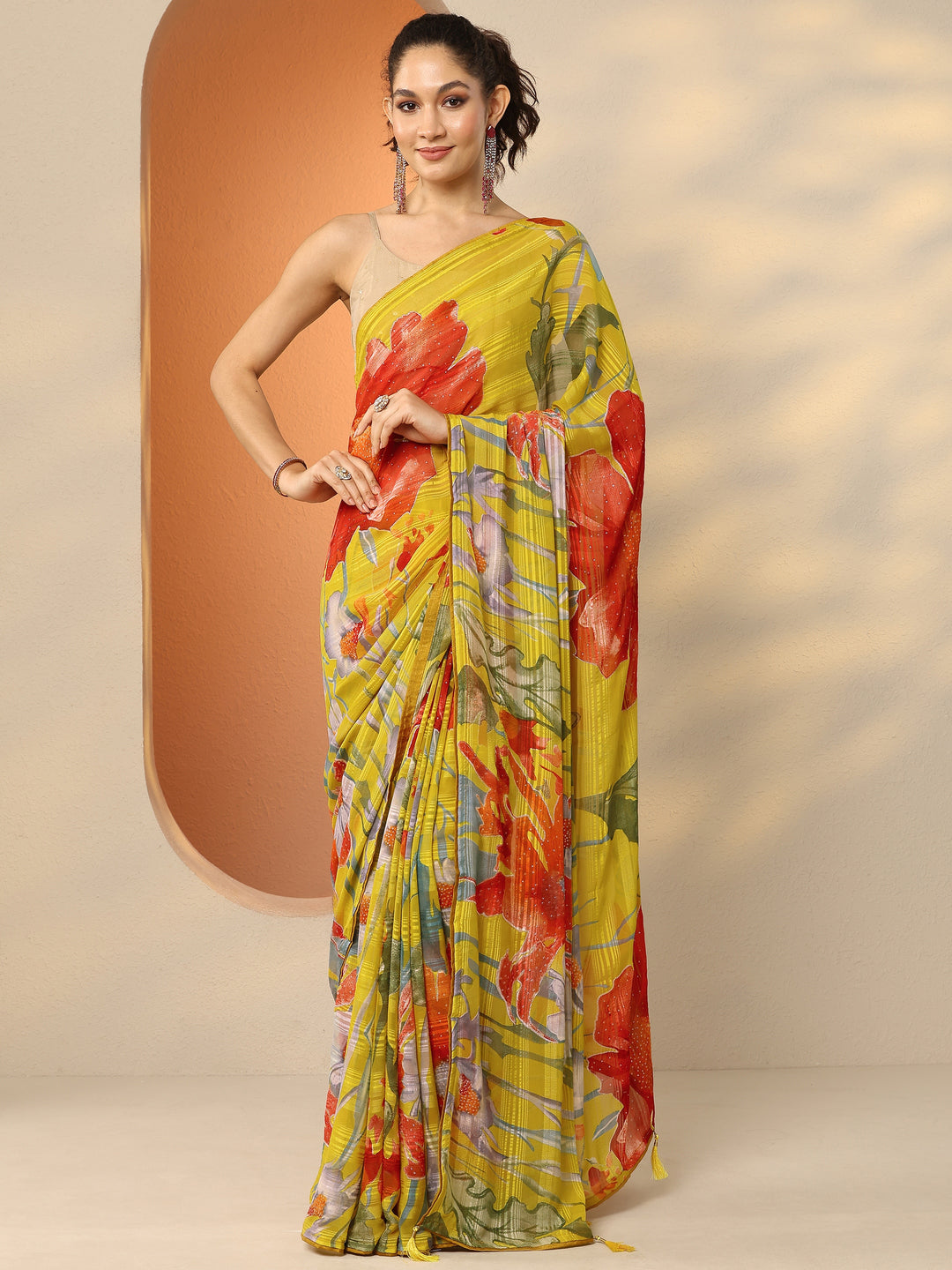  Yellow Printed Georgette Saree With Unstitched Blouse Piece 