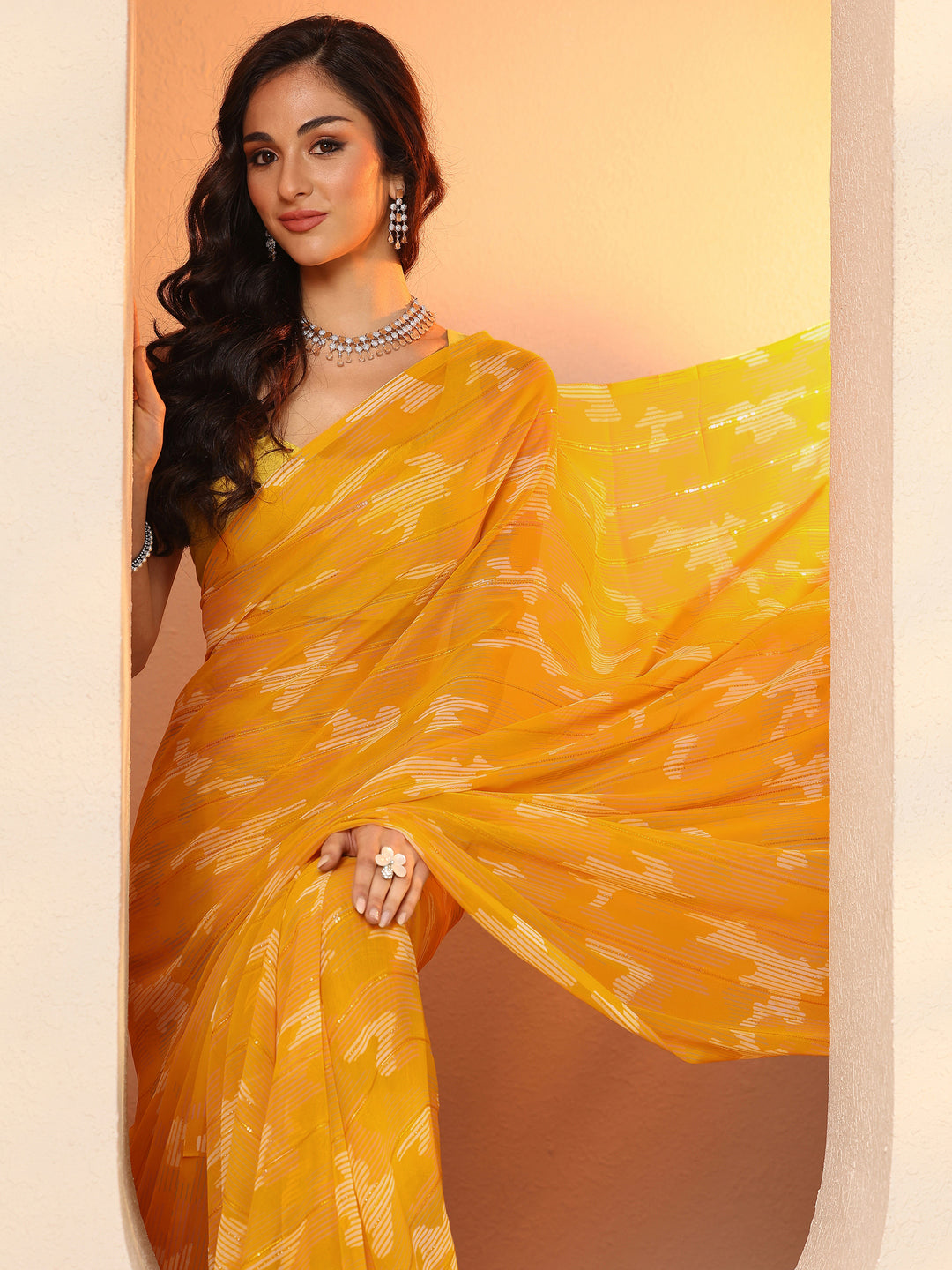  Yellow Printed Georgette Saree With Unstitched Blouse Piece 