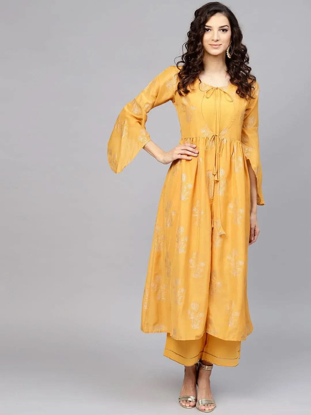 Yellow Printed Muslin Kurta Set - Libas