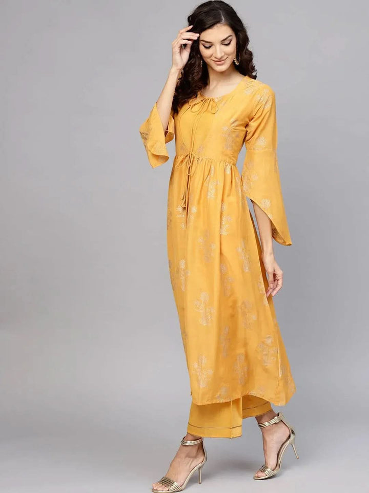 Yellow Printed Muslin Kurta Set - Libas