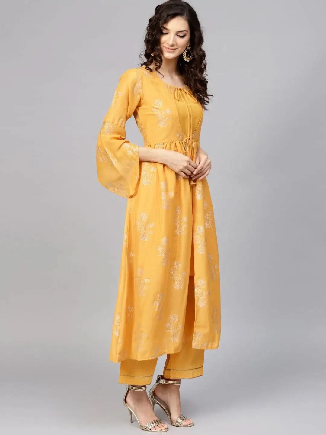 Yellow Printed Muslin Kurta Set - Libas 