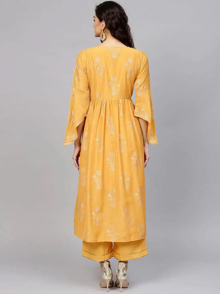 Yellow Printed Muslin Kurta Set - Libas