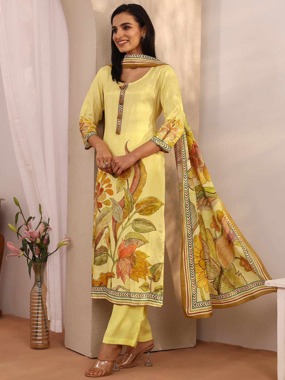 Yellow Printed Muslin Straight Suit Set With Dupatta