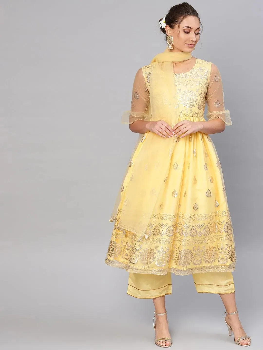 Yellow Printed Net Suit Set - Libas