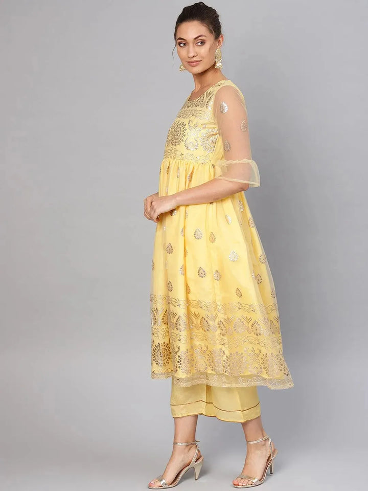 Yellow Printed Net Suit Set - Libas