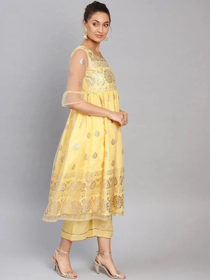 Yellow Printed Net Suit Set - Libas