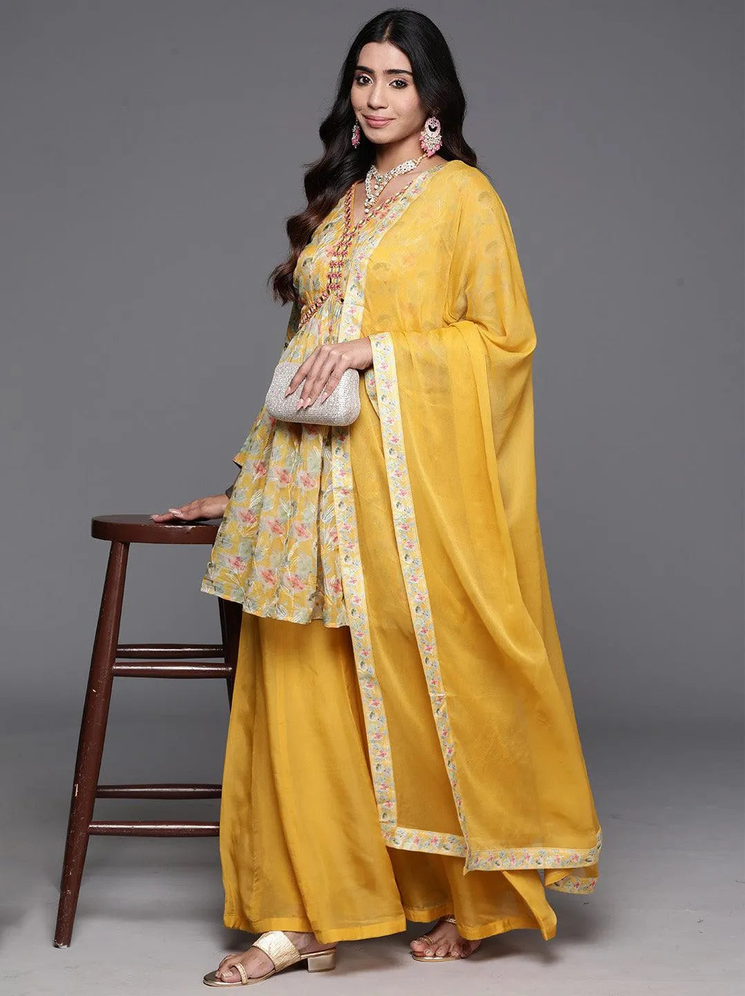 Yellow Printed Organza A-Line Kurta With Palazzos & Dupatta - Libas 