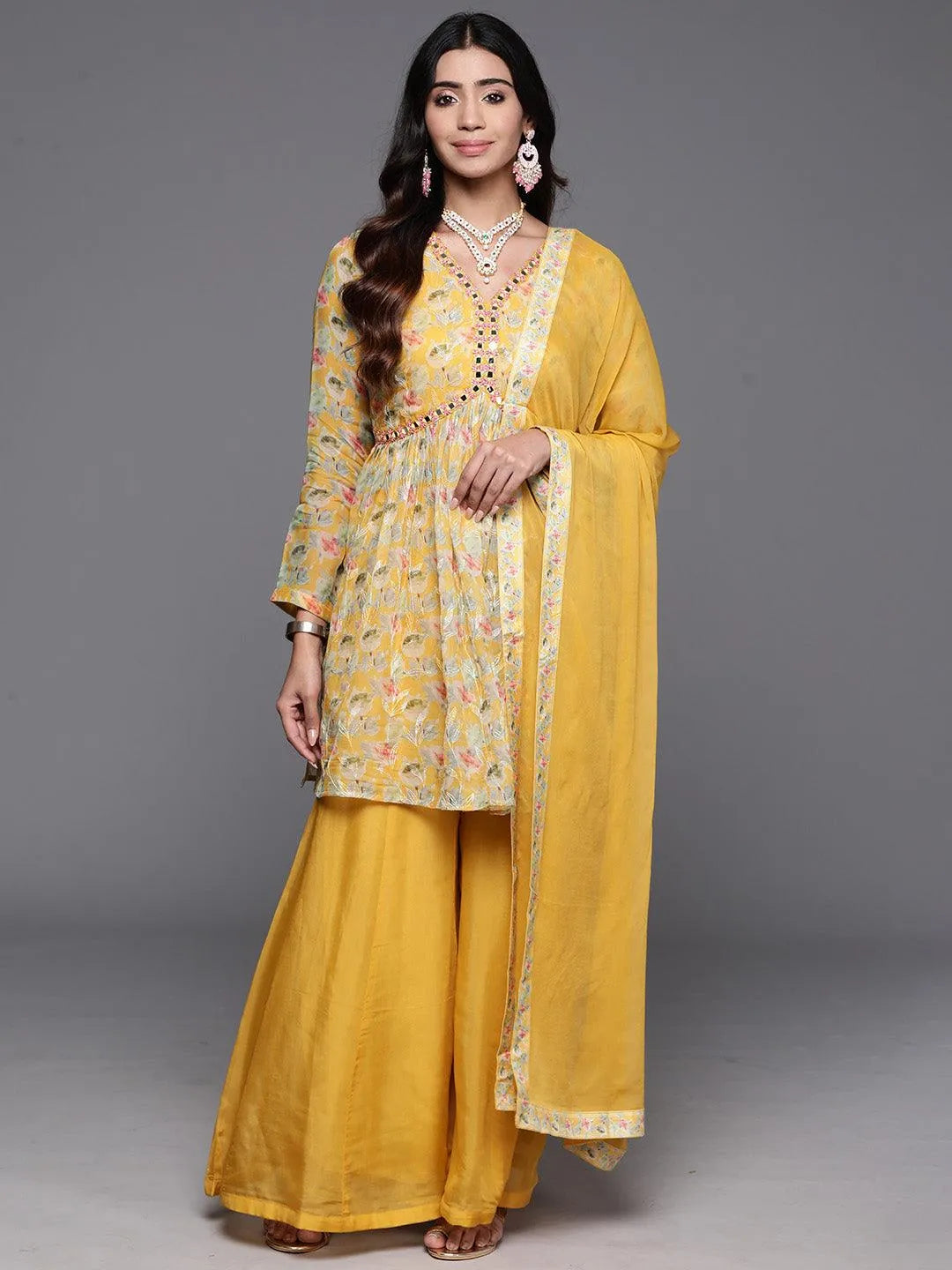 Yellow Printed Organza A-Line Kurta With Palazzos & Dupatta - Libas 