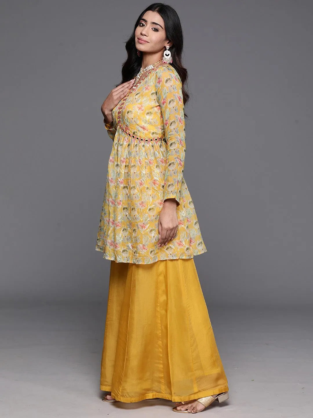 Yellow Printed Organza A-Line Kurta With Palazzos & Dupatta - Libas 