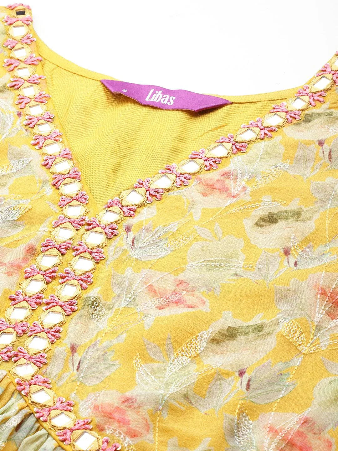 Yellow Printed Organza A-Line Kurta With Palazzos & Dupatta - Libas 