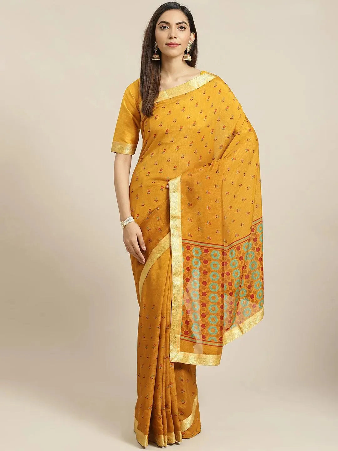 Yellow Printed Polyester Saree - Libas