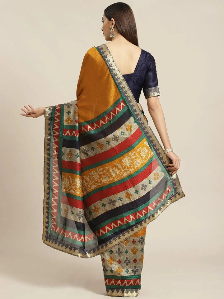 Yellow Printed Polyester Saree - Libas
