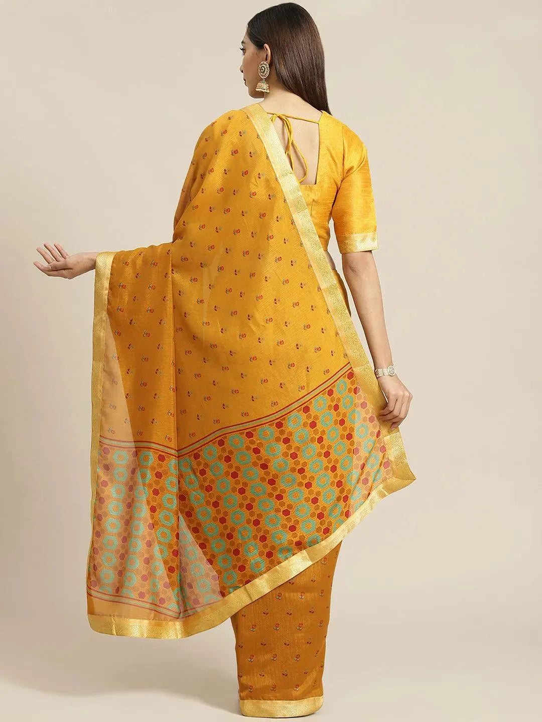 Yellow Printed Polyester Saree - Libas 