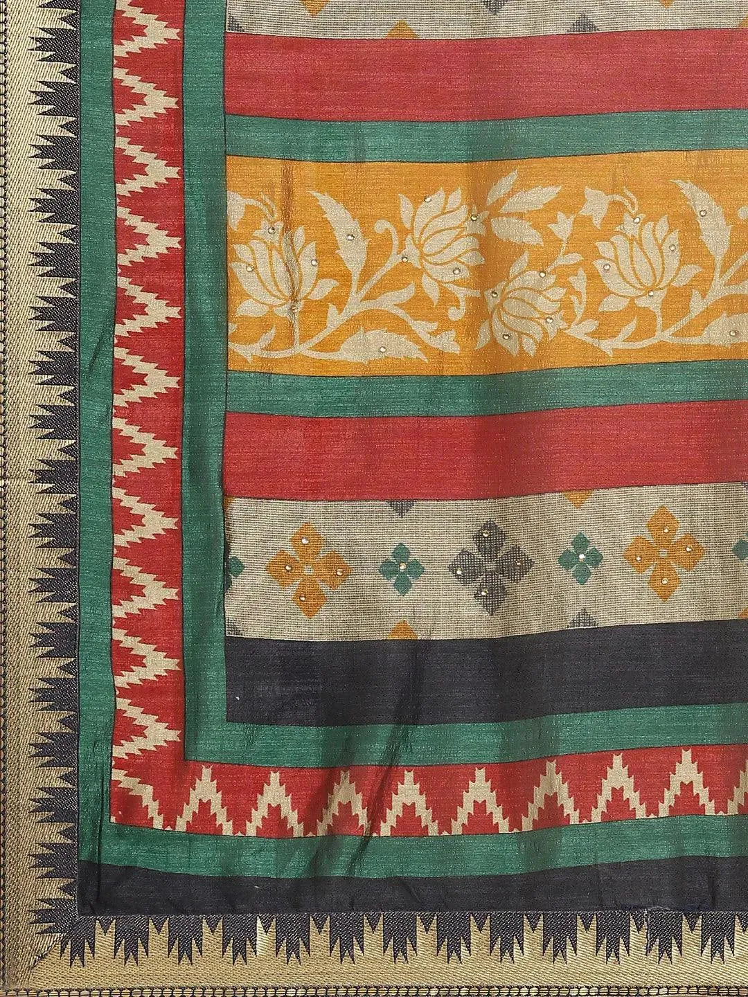 Yellow Printed Polyester Saree - Libas 