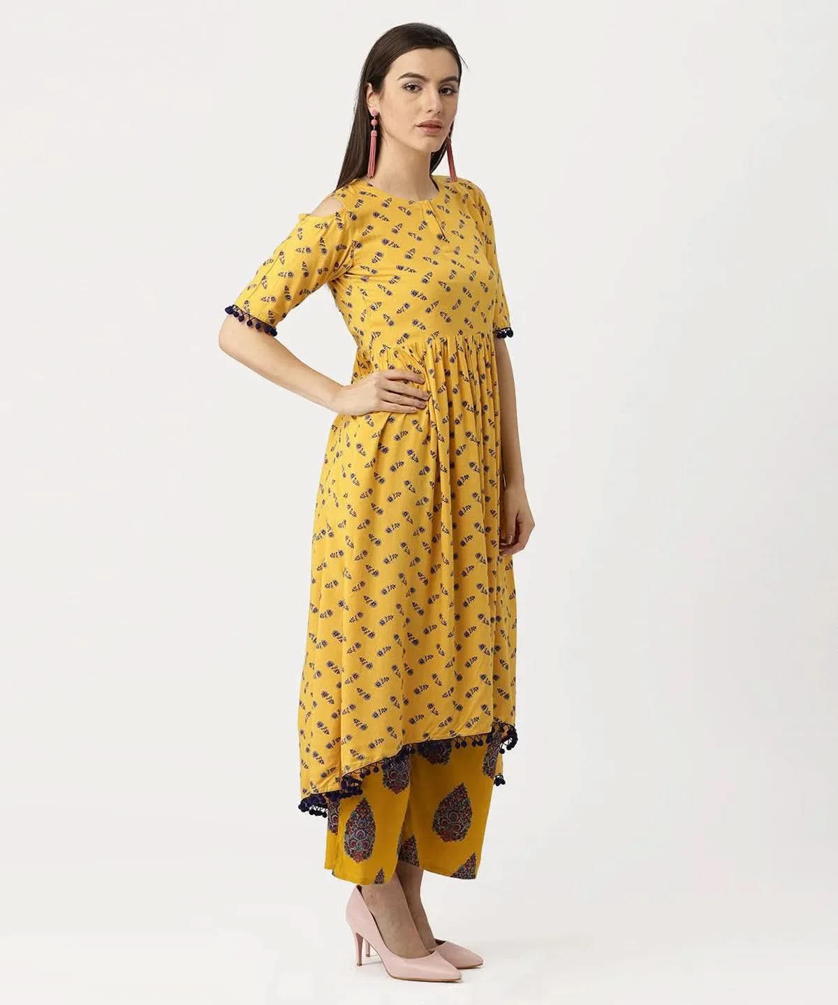 

Buy Yellow Printed Rayon Kurta Set - 5612- | Libas Ethnic Wear Online