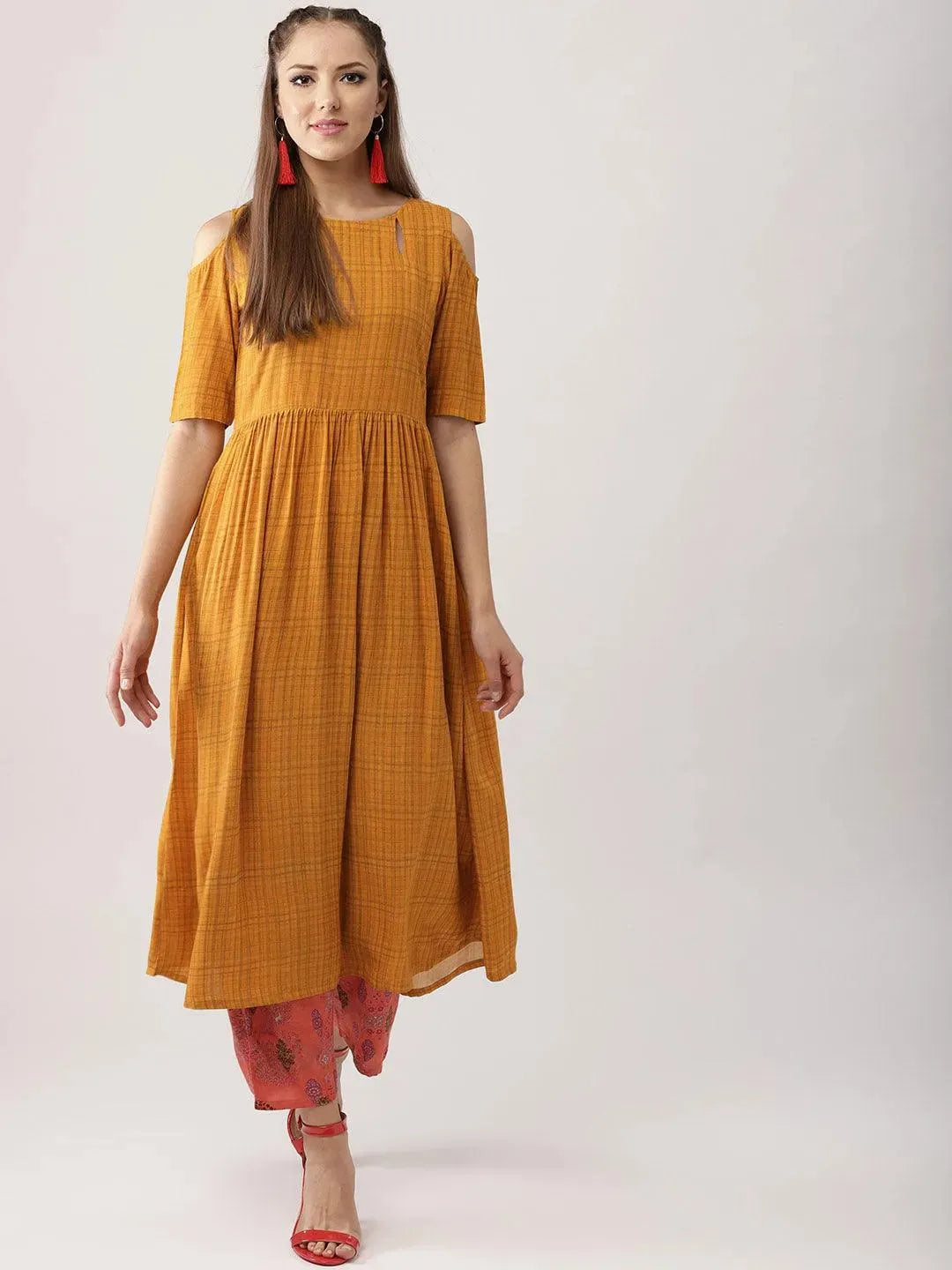 Yellow Printed Rayon Kurta Set - Libas