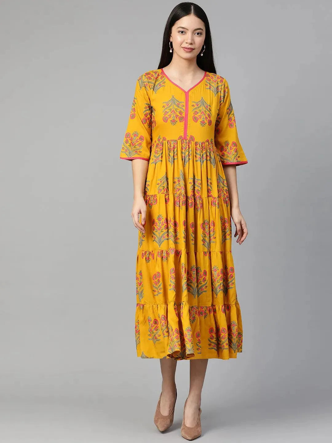 Yellow Printed Rayon Dress - Libas