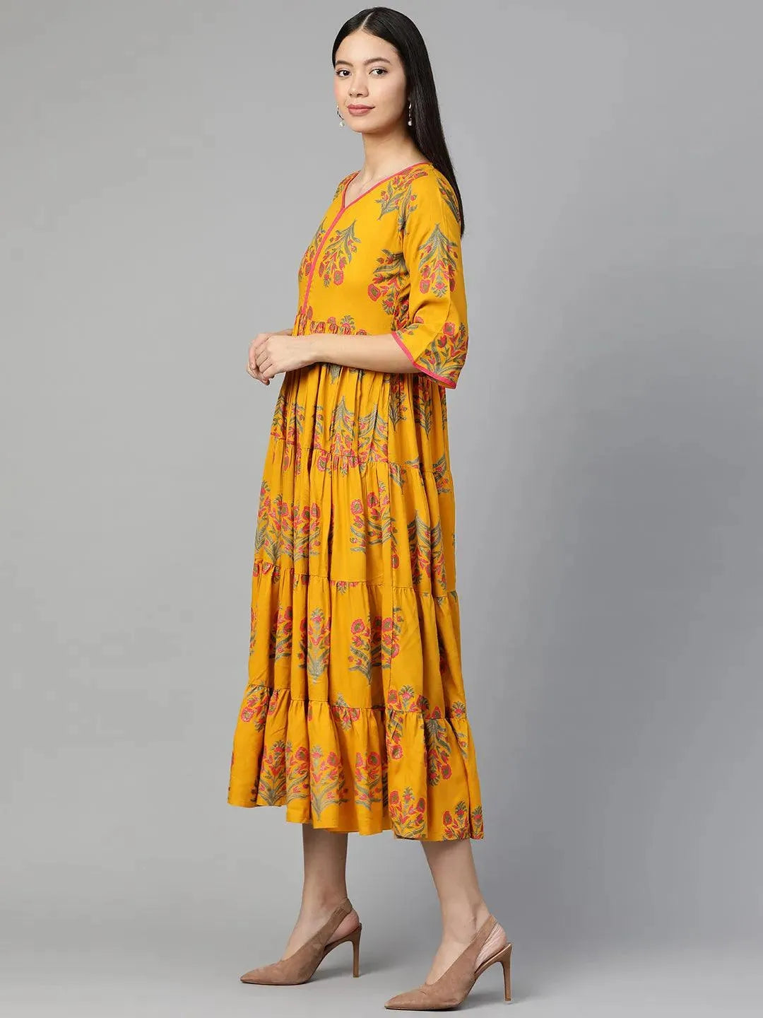 Yellow Printed Rayon Dress - Libas 