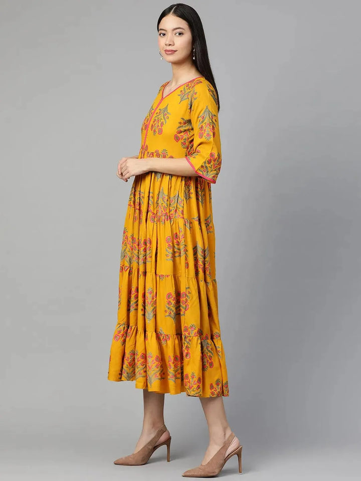 Yellow Printed Rayon Dress - Libas