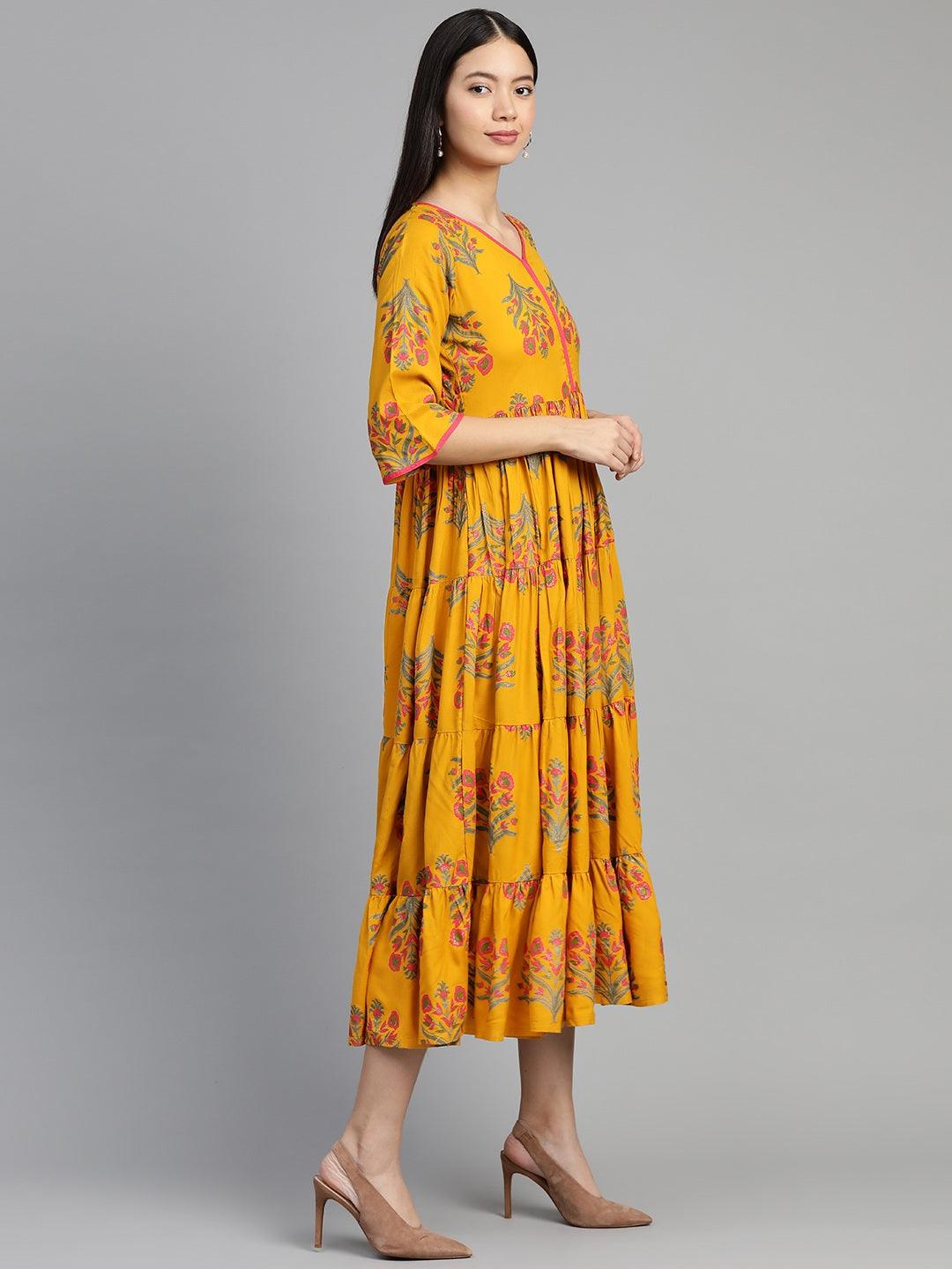 Yellow Printed Rayon Dress - Libas
