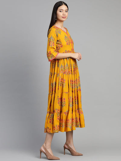 Yellow Printed Rayon Dress - Libas