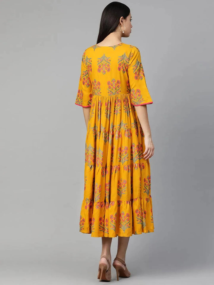 Yellow Printed Rayon Dress - Libas