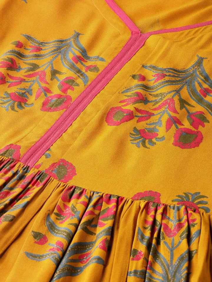 Yellow Printed Rayon Dress - Libas