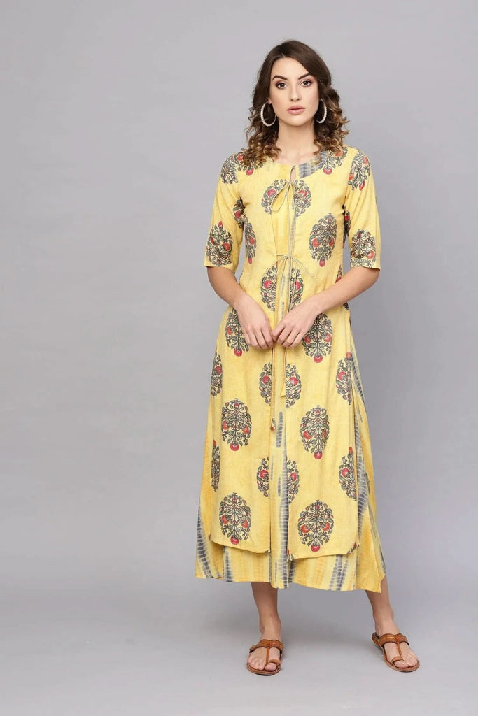 Libas Yellow Printed Rayon Dress With Jacket