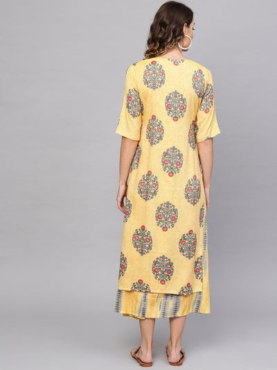 Yellow Printed Rayon Dress With Jacket - Libas