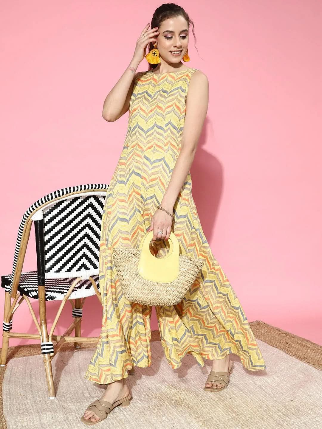 Yellow Printed Rayon Jumpsuit - Libas 