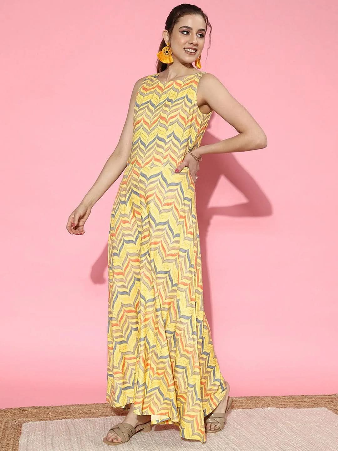 Yellow Printed Rayon Jumpsuit - Libas 