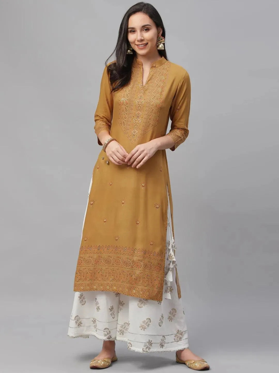 Yellow Printed Rayon Kurta - Libas