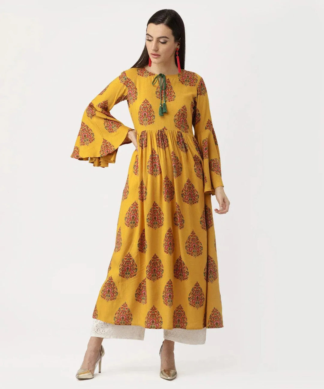 Yellow Printed Rayon Kurta - Libas