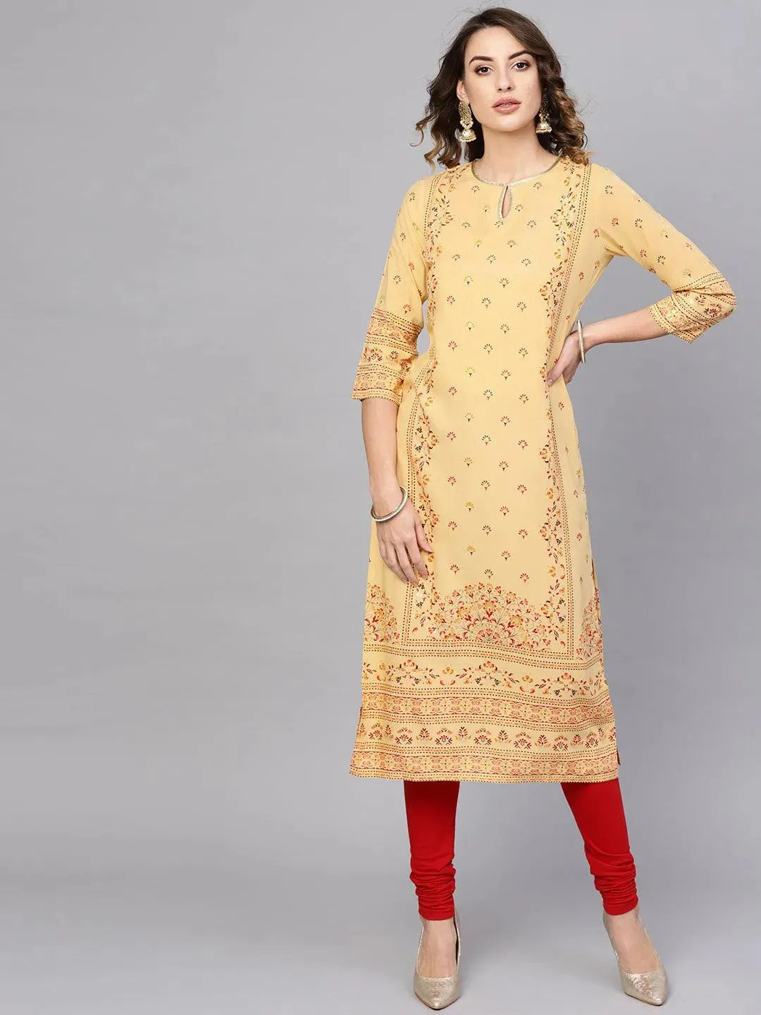 Yellow Printed Rayon Kurta - Libas