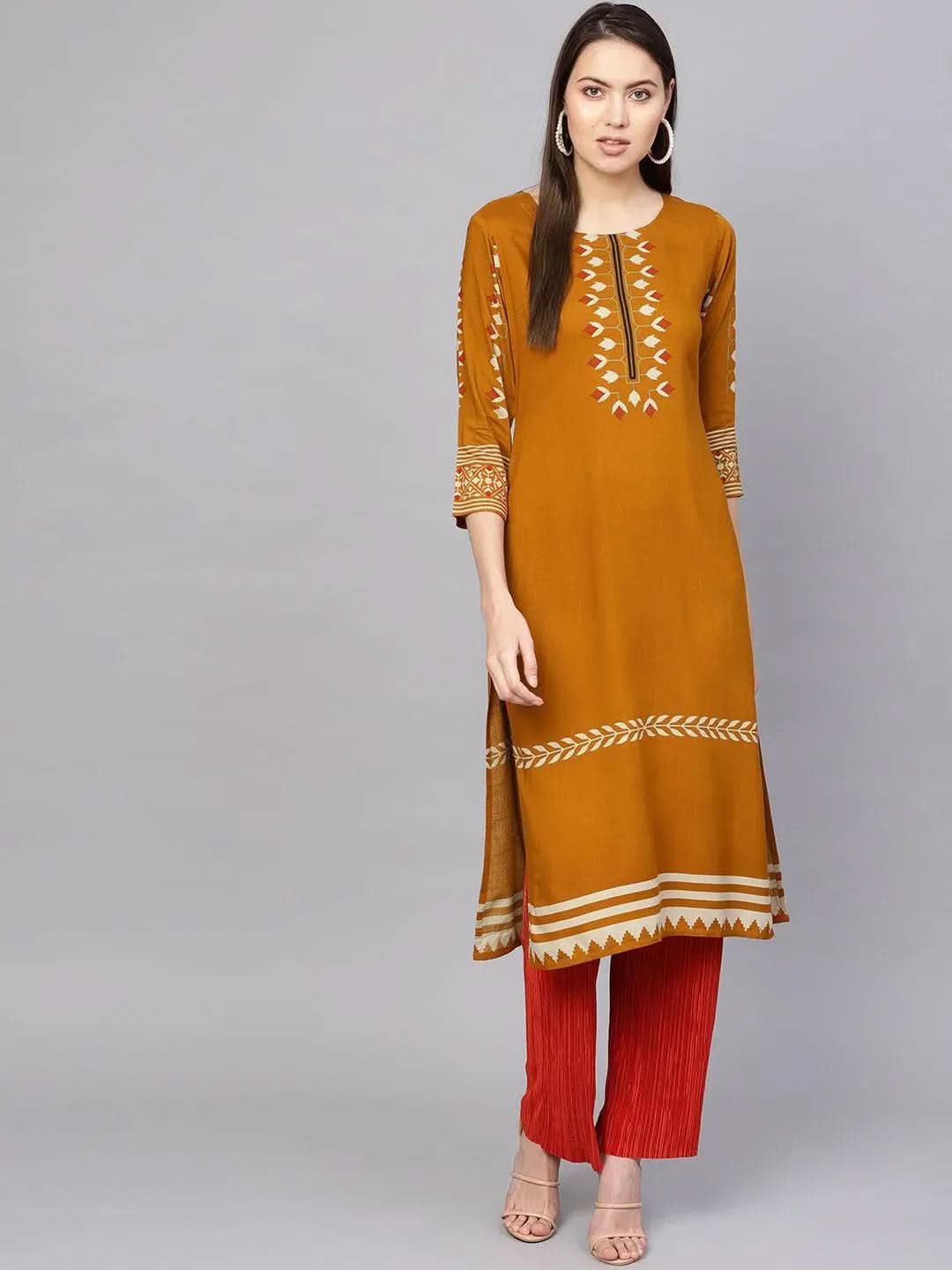 Yellow Printed Rayon Kurta - Libas