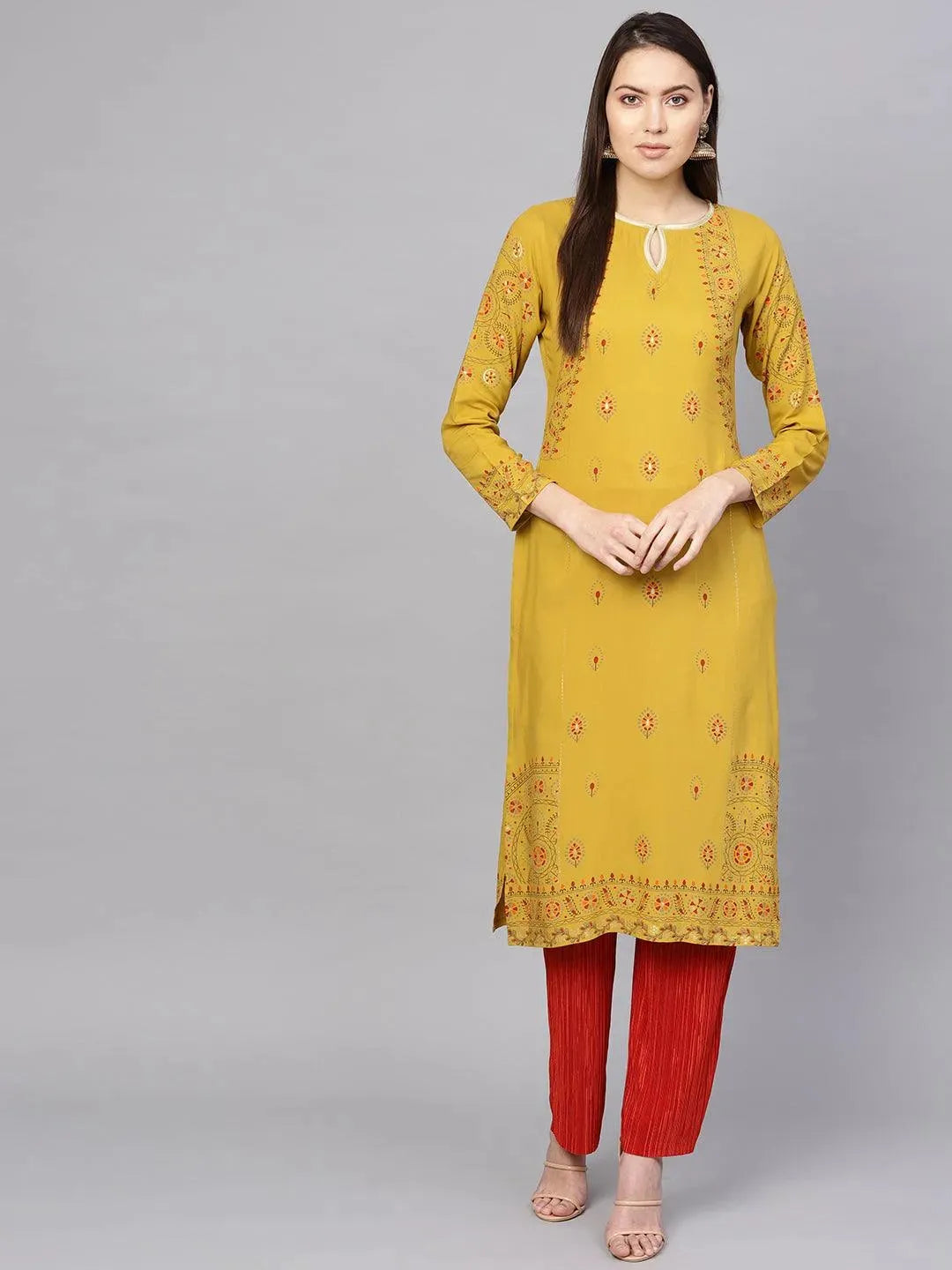 Yellow Printed Rayon Kurta - Libas