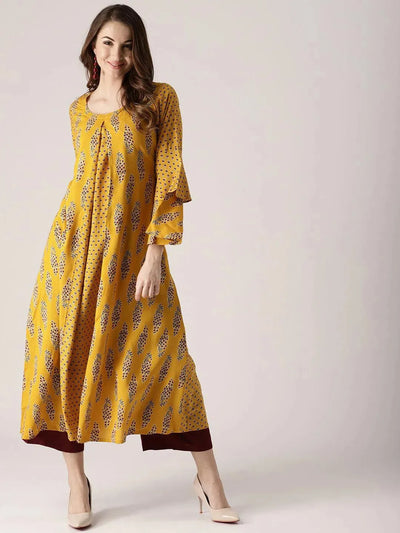 Yellow Printed Rayon Kurta - Libas