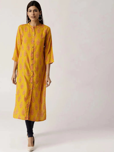 Yellow Printed Rayon Kurta - Libas