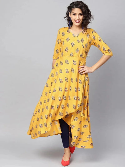 Yellow Printed Rayon Kurta - Libas