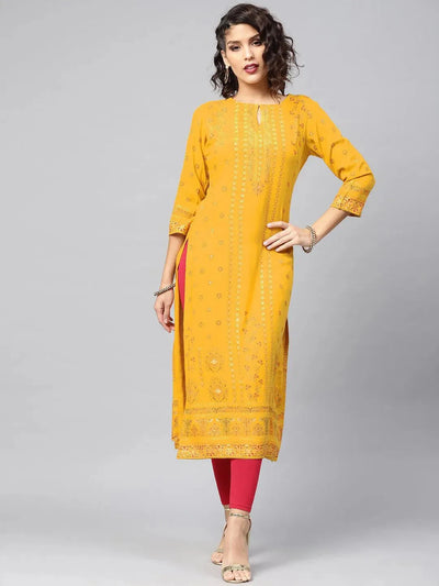 Yellow Printed Rayon Kurta - Libas