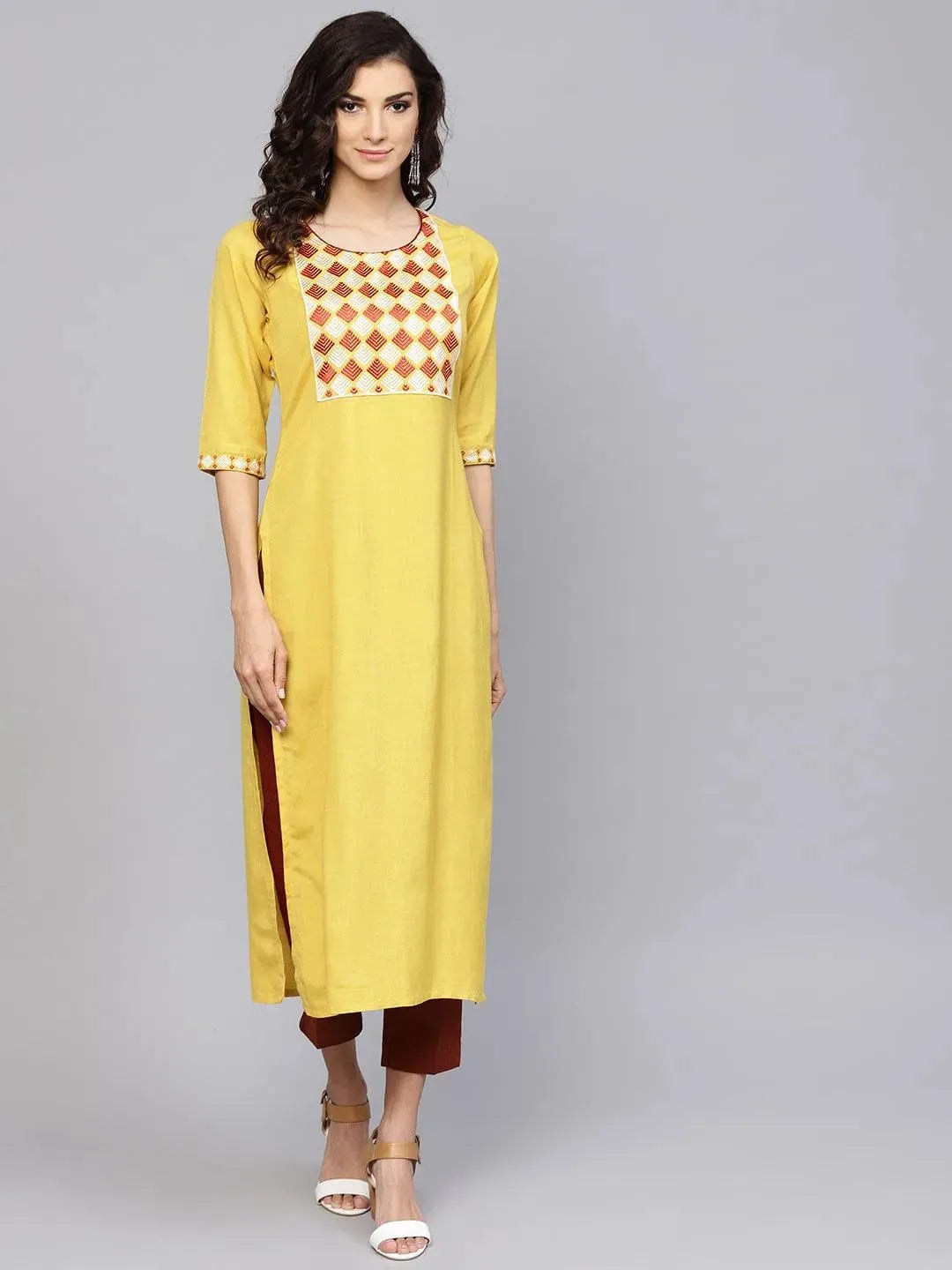 Yellow Printed Rayon Kurta - Libas