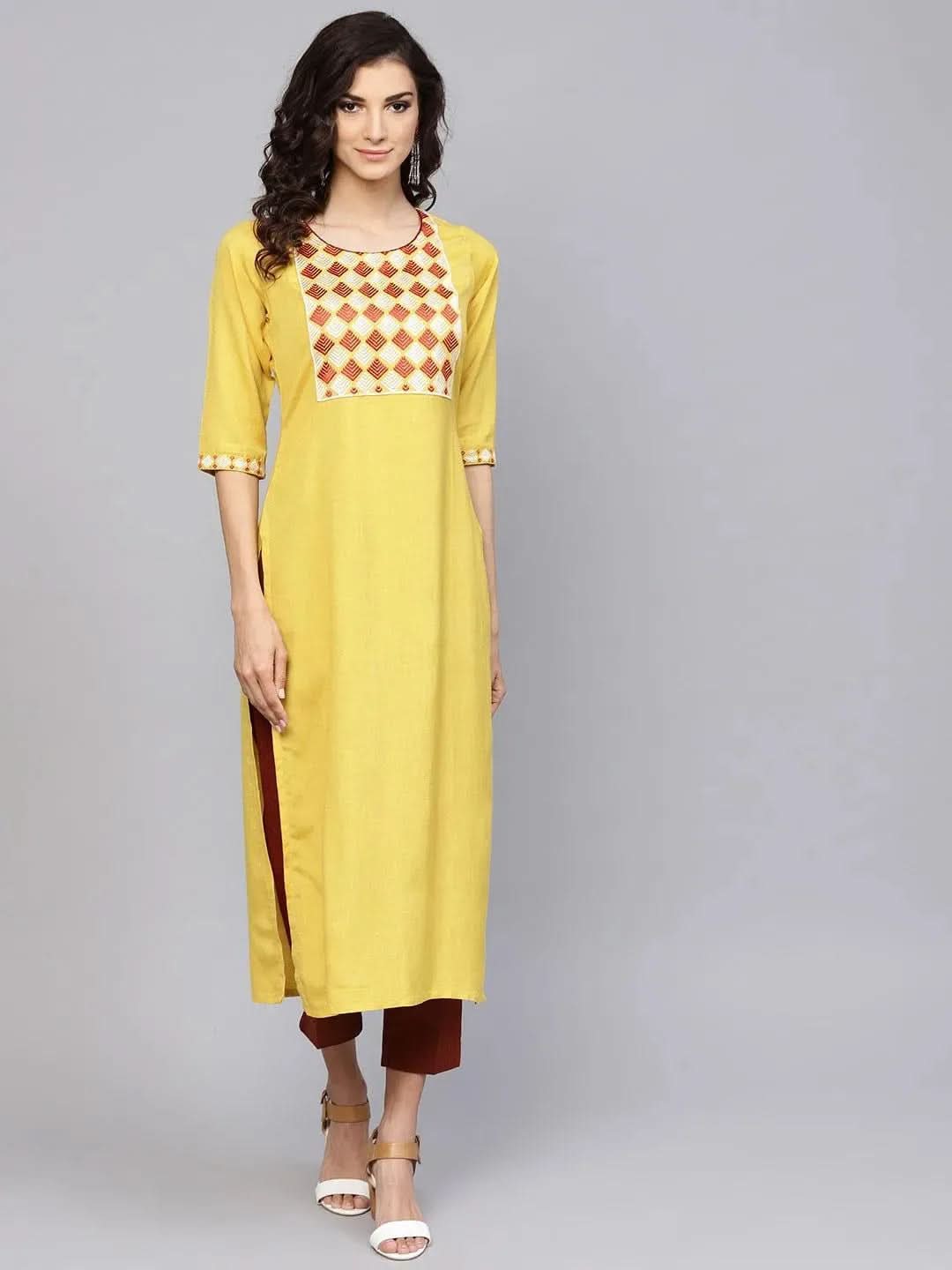  Yellow Printed Rayon Kurta 