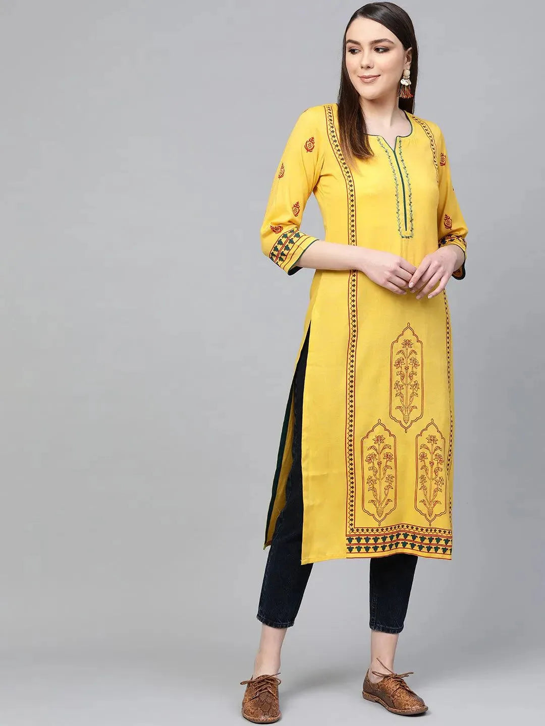 Yellow Printed Rayon Kurta - Libas 