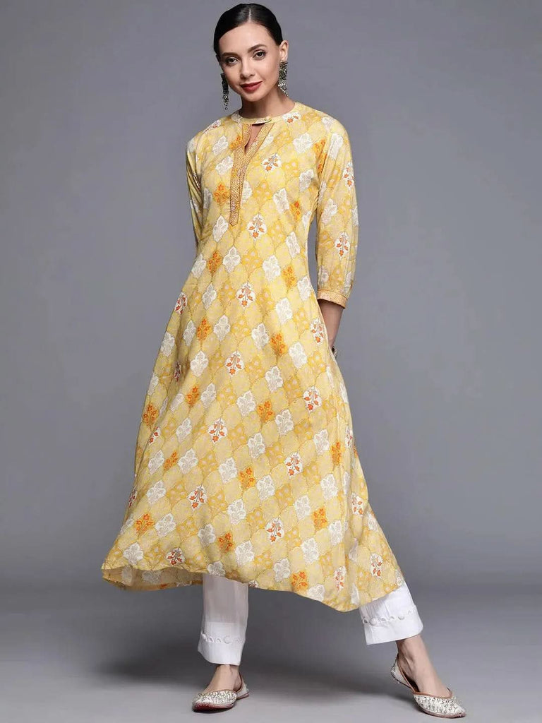 Libas Yellow Printed Rayon Kurta