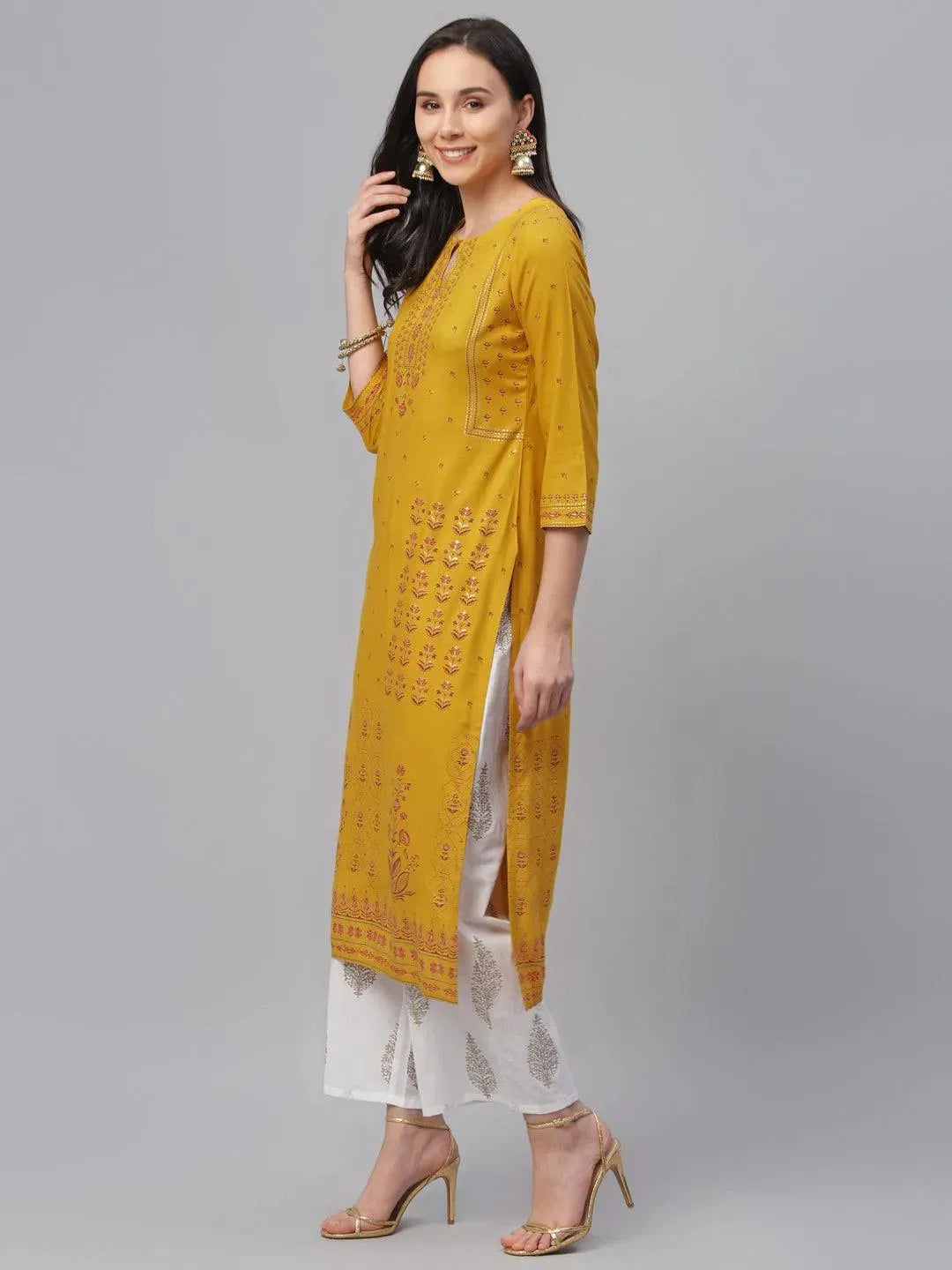 Yellow Printed Rayon Kurta - Libas 