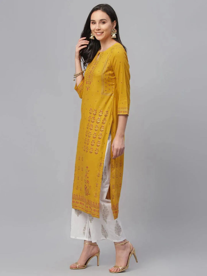 Yellow Printed Rayon Kurta - Libas