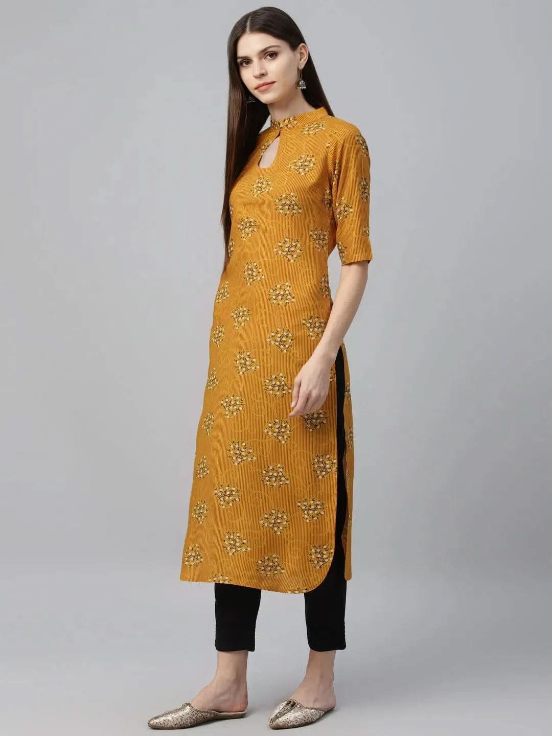 Yellow Printed Rayon Kurta - Libas 