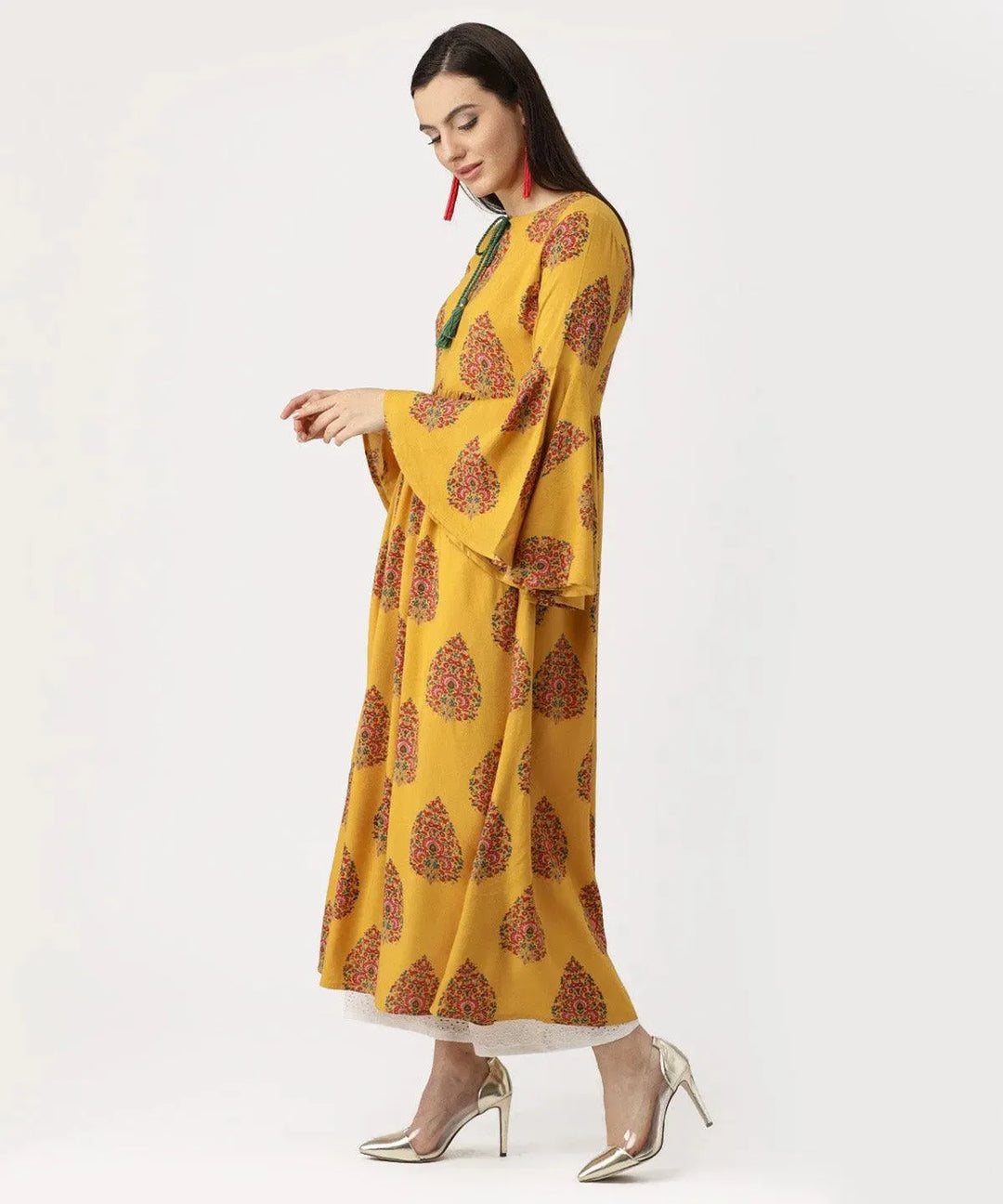 Yellow Printed Rayon Kurta - Libas 